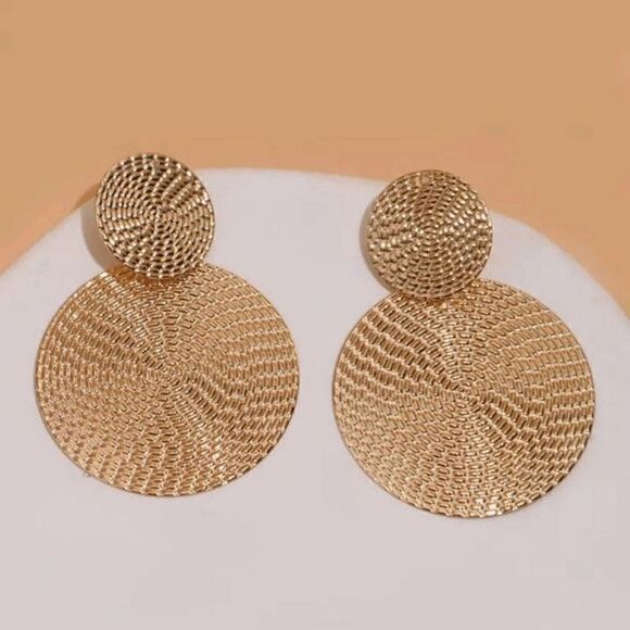 GOLD TEXTURED ROUND GEOMETRIC DANGLE EARRINGS - Picture 2 of 5